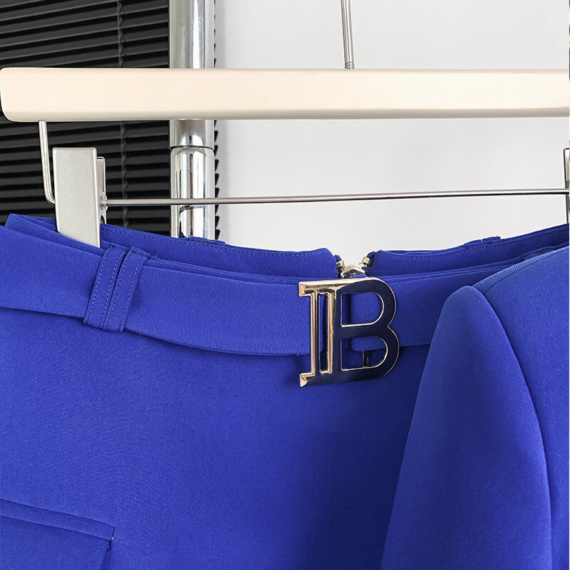 ชุดสูททางการสำหรับผู้หญิงสีน้ำเงินเข้มเสื้อสูททำงานผ้าฝ้ายทรงสลิมฟิตกระดุมเม็ดเดียว