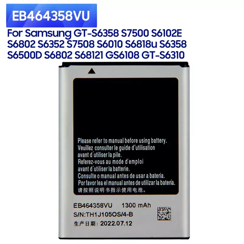 EB464358VU แบตเตอรี่สำรองใหม่สำหรับ Samsung Galaxy GT-S6358 S6102E S6802 S6352 GT-S6310 mAh