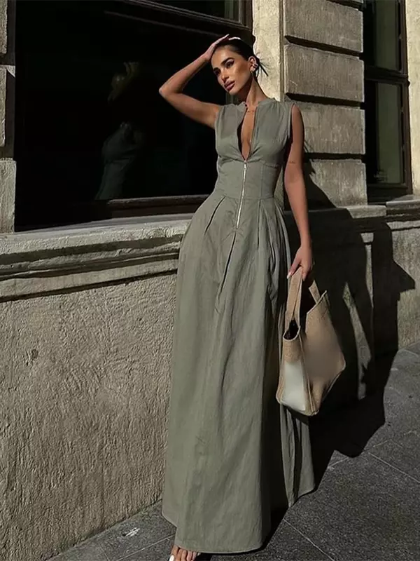 Elegant Solid Sleeveless Women Maxi Dress Fashion V-neck Zipper Slim Cotton Linen Dresses 2024 Summer Office Lady Commuting Robe