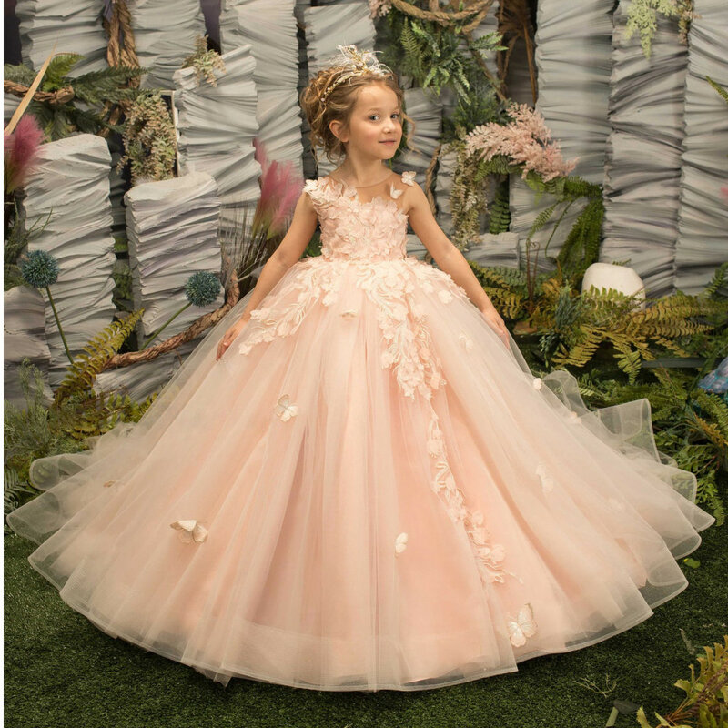 2024 kwiatowa dziewczynka sukienki na ślub bez rękawów tiulowa sukienka imprezowa dla dzieci dziewczyna koronkowe aplikacje księżniczka suknia balowa konkurs Jurk