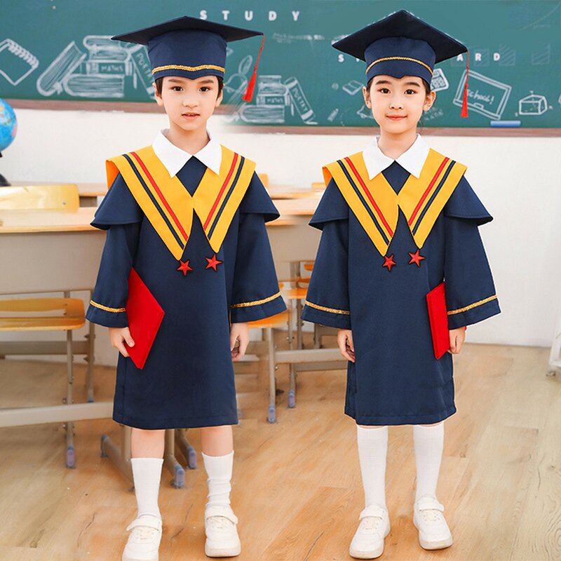 어린이 졸업 가운 어린이 학사복, 학교 학생 유니폼, 여아 원피스 세트, 모자 아기 공연 의류