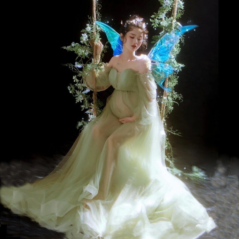 Zielona sukienka ciążowa Off Shoulder Tulle fotografia ciążowa sukienka Baby Shower długa sukienka na imprezę elegancka sukienka na studniówkę księżniczki