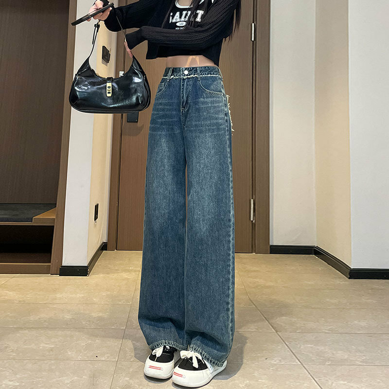 Wide leg Jeans Women's high waisted Loose Straight leg Pants Color matching Pocket Design floor mop Female Denim Casual Trousers