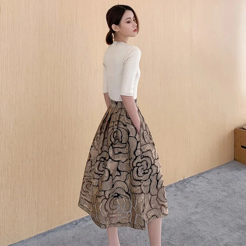 MODE Korea Jacquard กระโปรงสำหรับสตรี2023ฤดูใบไม้ผลิกระโปรงฤดูร้อนสูงเอว Slim Jupe Femme Vintage A-Line Jupe Elegant Faldas