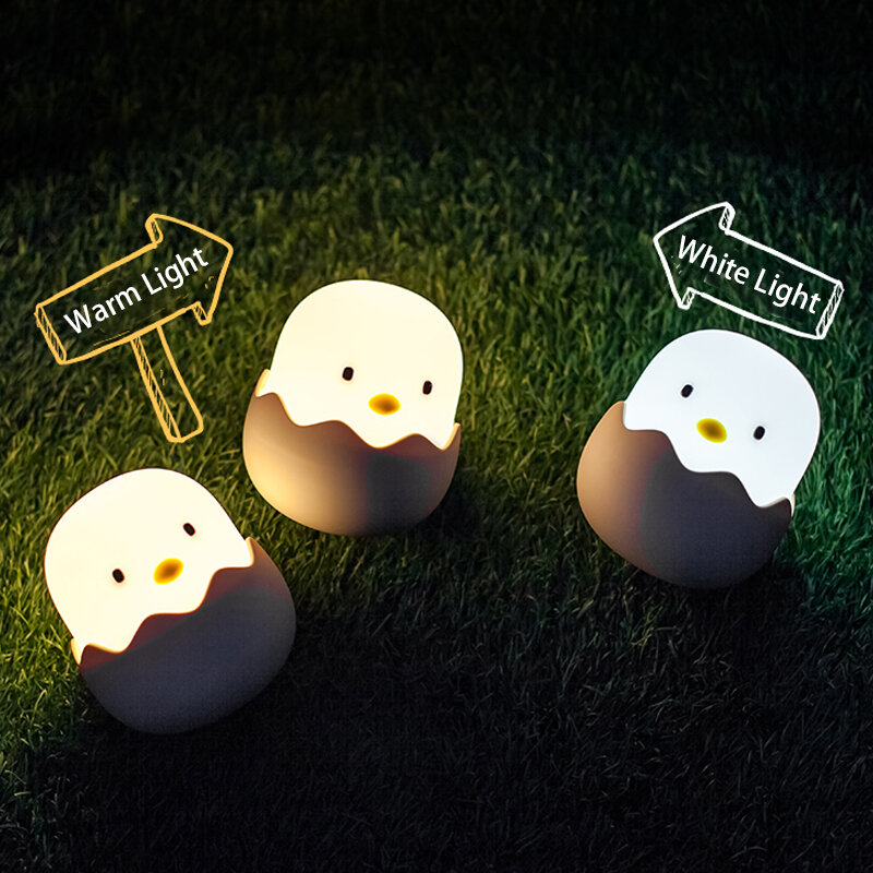 Children's Eggshell Chicken Cartoon Night Light, Luz de toque ajustável, Recarregável, Atmosfera quente, Quarto