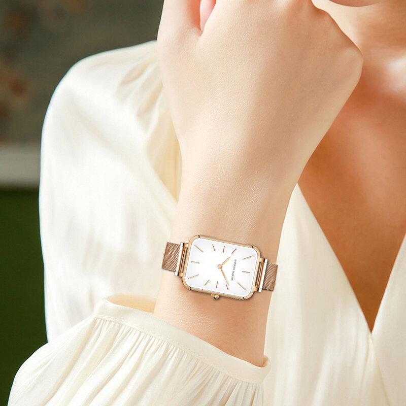 Rettangolo ultrasottile stile nordico semplice movimento al quarzo giapponese moda maglia in acciaio inossidabile braccialetto argentato cintura orologi da donna