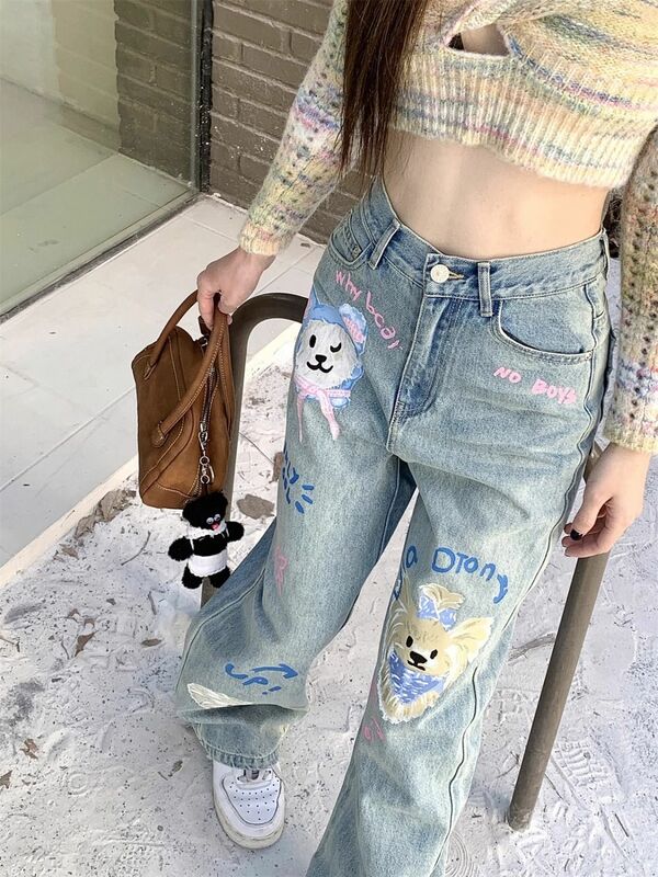 Calça jeans feminina com estampa de cachorrinho americana cartoon, calça casual reta solta, estilo doce e legal, design estilo coreano, nova, 2024