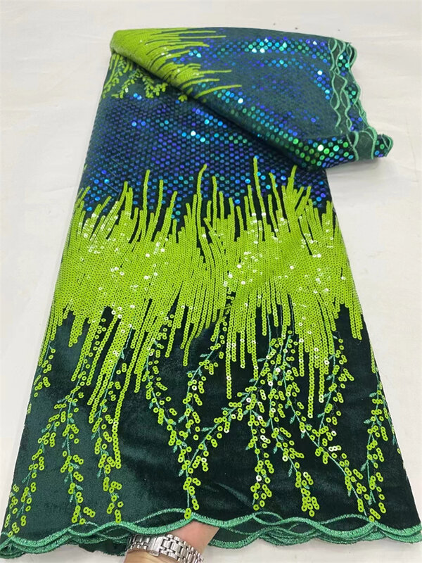 Tela de encaje de terciopelo africano azul para mujer, tela de encaje nigeriano con lentejuelas pesadas, vestido de novia lujoso de alta calidad 2024