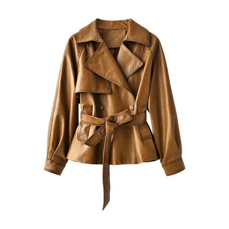 Jaqueta curta de pele de carneiro feminina, casaco de couro genuíno feminino, cool motorcy, tops de cinto, primavera, outono