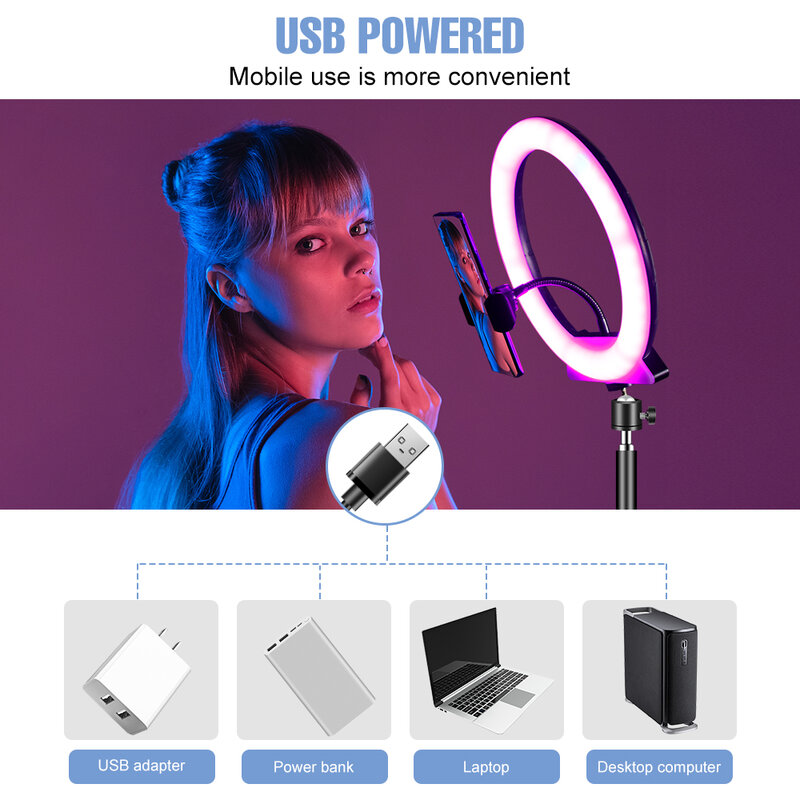 Anillo de luz LED RGB para fotografía profesional, lámpara de relleno para selfi, transmisión en vivo, colorida, con soporte para trípode