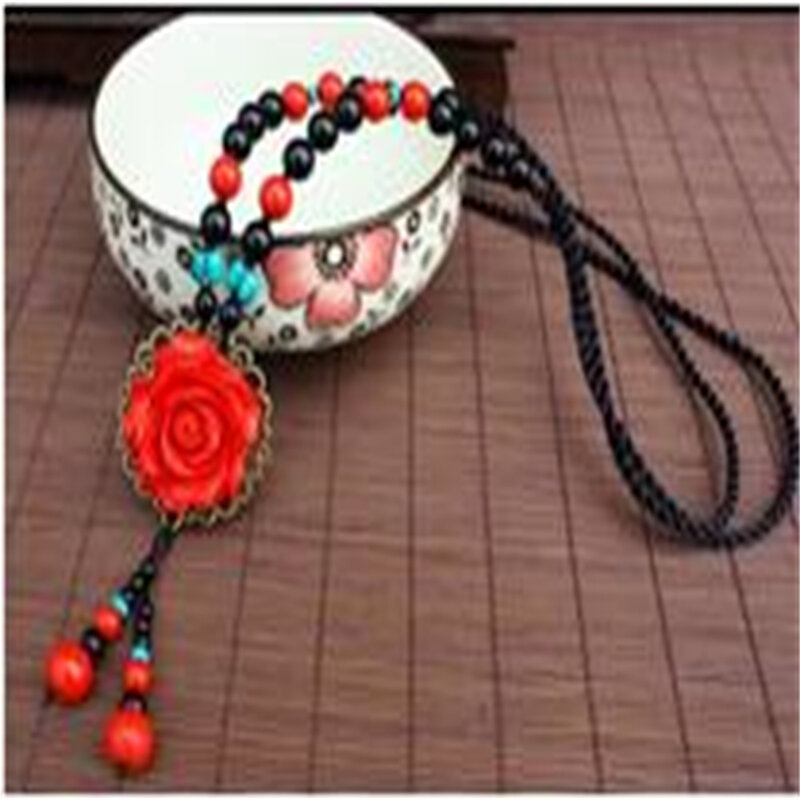 National wind flower sweater chain paint carved roses necklace red cinnabar hanging long tassels