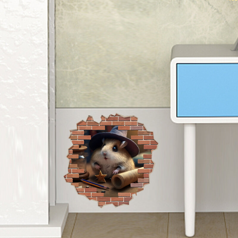 Stiker dinding tikus kecil lucu, stiker Toilet lubang tikus Mini tahan air kartun 3D
