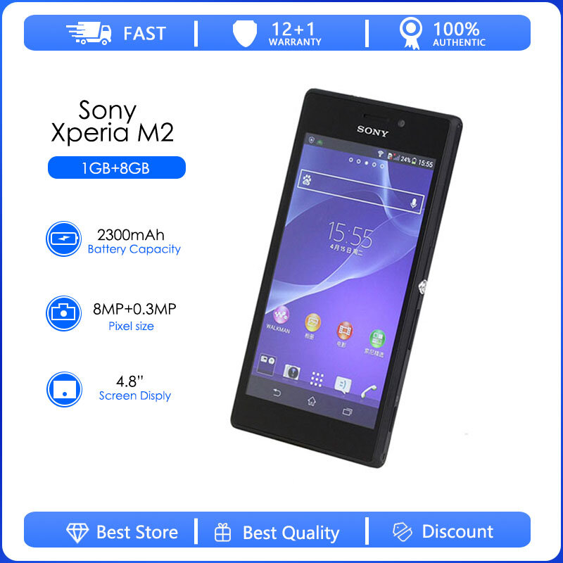 Sony-Xperia M2 telefone desbloqueado, telefone recondicionado, andróide 4.3, Quad Core, 8MP, WiFi, 1080p, 4G LTE, 1GB de RAM, 8GB ROM, D2303, original