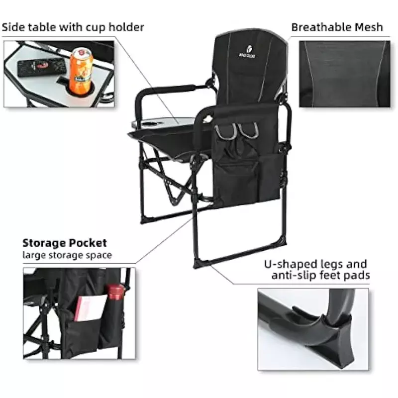 Rocha Clod-Cadeira de acampamento dobrável com bolso de armazenamento e mesa lateral, compacta, portátil, cadeiras de acampamento, ao ar livre