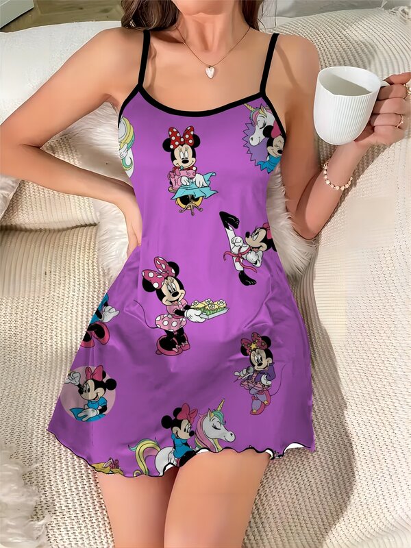Vestido corto elegante de Minnie Mouse, falda de pijama con cuello redondo y ribete de lechuga, superficie de satén de Mickey de Disney, moda de verano, 2024
