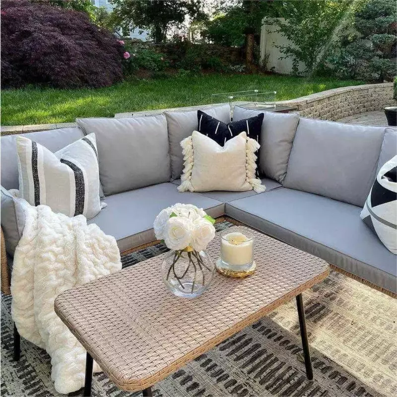 Muebles de Jardín para porche, conjunto de terraza al aire libre, sofá seccional en forma de L de mimbre con 5 plazas para patio trasero, Gazebo