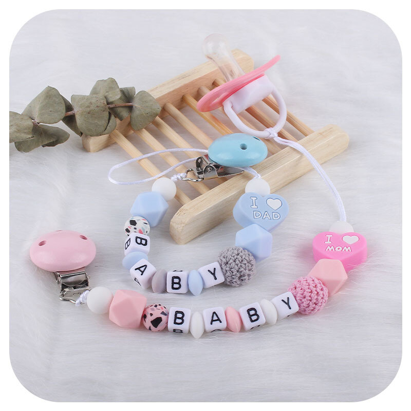 Personalized Name Baby Pacifier Clips Dummy Nipples Holder Clip Chain Heart Pacifiers Teethes Newborn Teething Toys Accessories
