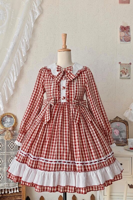 Lolita Kawaii Dress Women Vintage Idyllic Cotton Plaid Long Sleeve OP Dress Autumn Spring Cosplay Cute Girl Sweet Dress