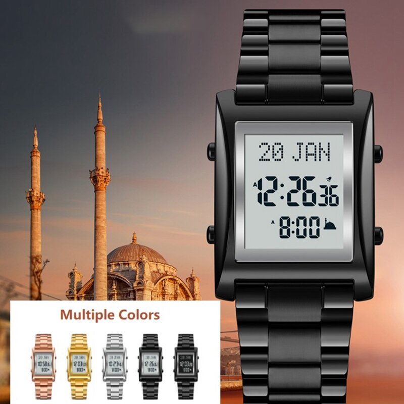 Muzułmański zegarek cyfrowy zakładka Qibla Watch mężczyzn kobiety muzułmańskie zegarki na rękę z przypomnieniem czasu pielgrzymki zegarki dla islamu (B)