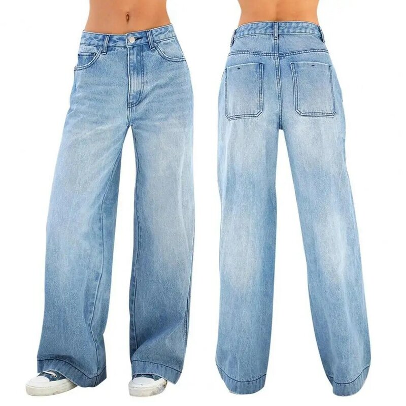 กางเกงยีนส์เอวสูงทันสมัยกางเกงยีนส์เอวสูงมีกระเป๋าขากว้างกางเกงยีนส์สไตล์ย้อนยุคสำหรับเป็นแฟชั่น