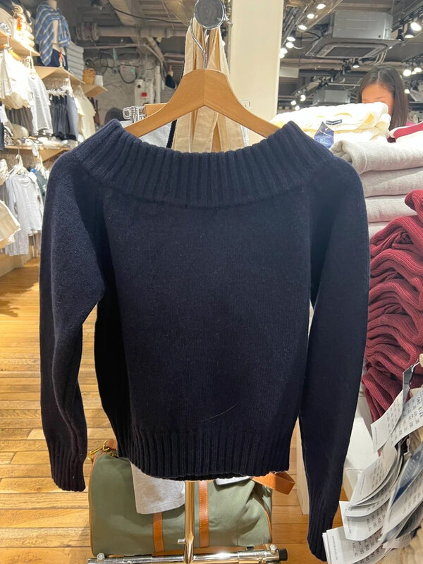 Suéter de malha vintage com corte sólido no pescoço feminino, sexy fora do ombro, pulôver solto de algodão, tops simples, casual, suéteres doces, outono, Y2K