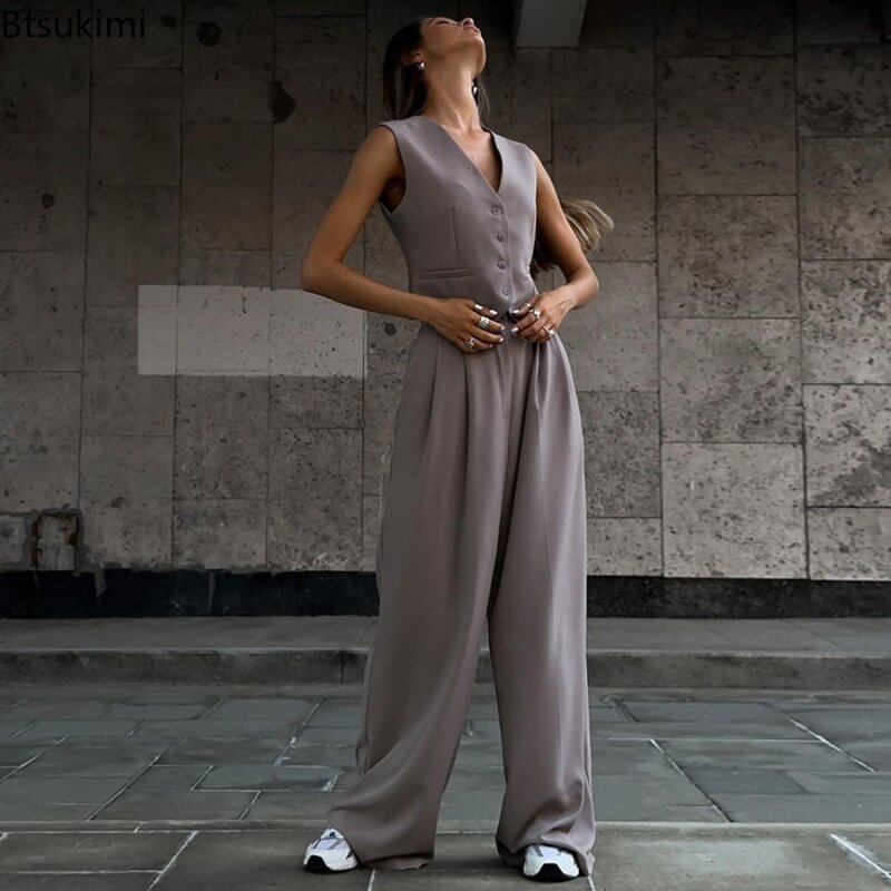 Женский однотонный брючный костюм, повседневный комплект из двух предметов, однобортный жилет без рукавов с V-образным вырезом и брюки с широкими штанинами, лето 2024