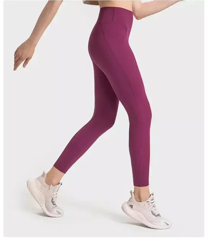 กางเกงรัดรูปเอวสูงผ้าเลมอนสำหรับผู้หญิงกางเกงวิ่งออกกำลังกายเล่นโยคะมีกระเป๋า