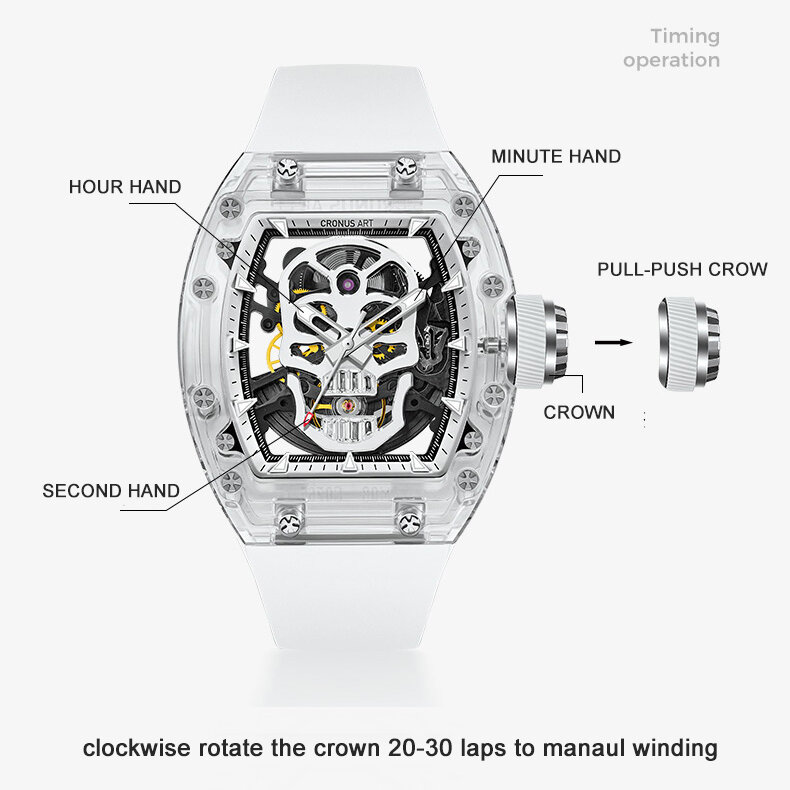 CRONUSART-relógio automático masculino Hollow Out, relógio de pulso mecânico Tonneau, caixa Sapphire, cinta fluororubber luminosa, mostrador crânio