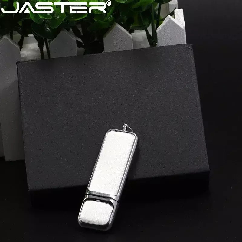 جاستر الأبيض محرك قرصي جلدي يو إس بي USB 2.0 4GB 8GB 16GB 32GB 64GB 128GB ذاكرة فلاش عصا مع صندوق أسود التعبئة شعار مخصص