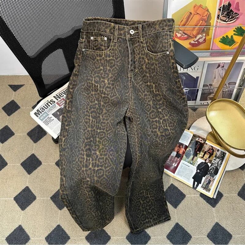 Calça estampada leopardo masculina, calça americana Y2K retrô de rua alta, marca da moda, jeans casual, pesada, nova, 2021