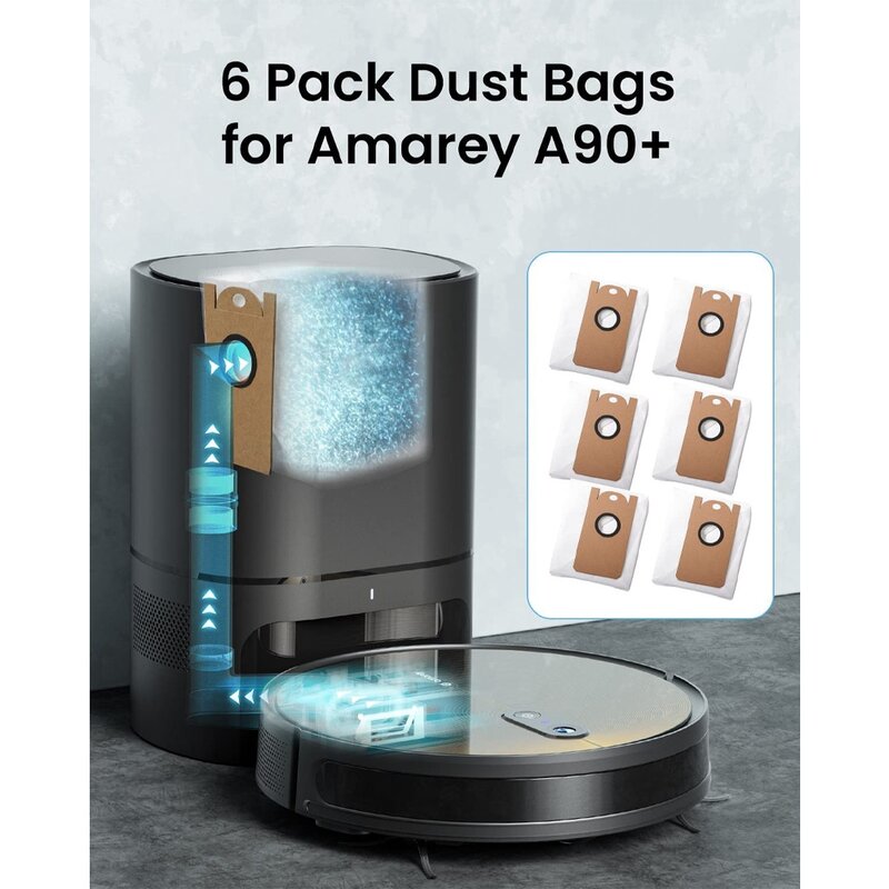 6 Pack Replacement Dust Bags for Amarey A90+ Self-Emptying Robot Vacuum