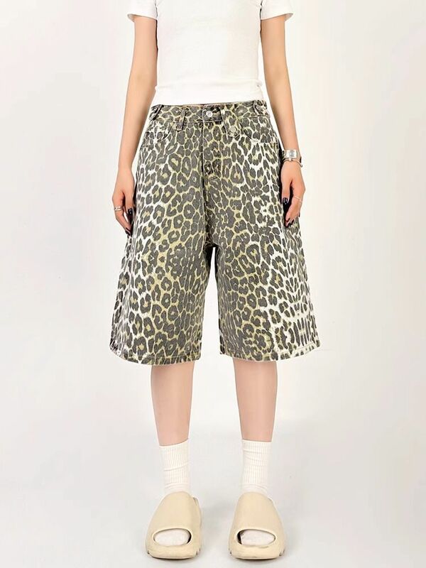 Летние брюки-миди, новинка 2024, летние американские ретро джинсы с леопардовым принтом для мужчин и женщин, свободные, прямые, универсальные и модные