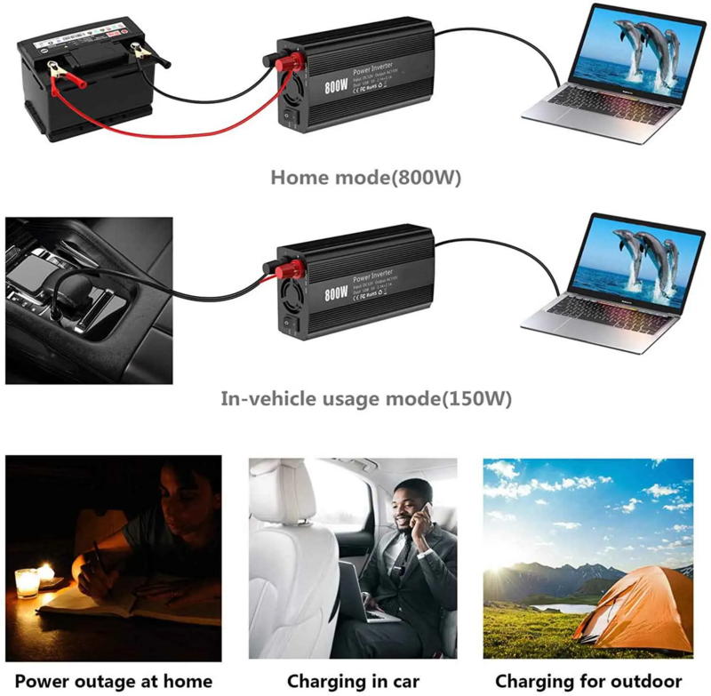 ポータブルカーパワーインバーター,電圧トランス,USBアダプター,12vから220v,230 v,800w