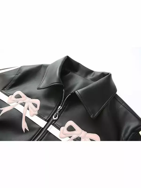 Женская Повседневная куртка из искусственной кожи с принтом и бантом, винтажная верхняя одежда с длинными рукавами и карманами, шикарные топы