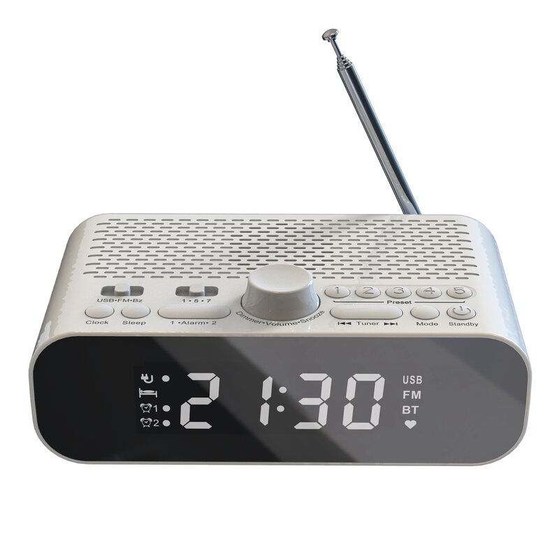 Rádio Relógio FM com Bluetooth Streaming Play, Display LED, Despertador Duplo, Alto-falante Hi-Fi, Unidade Woofer, 1500mAh