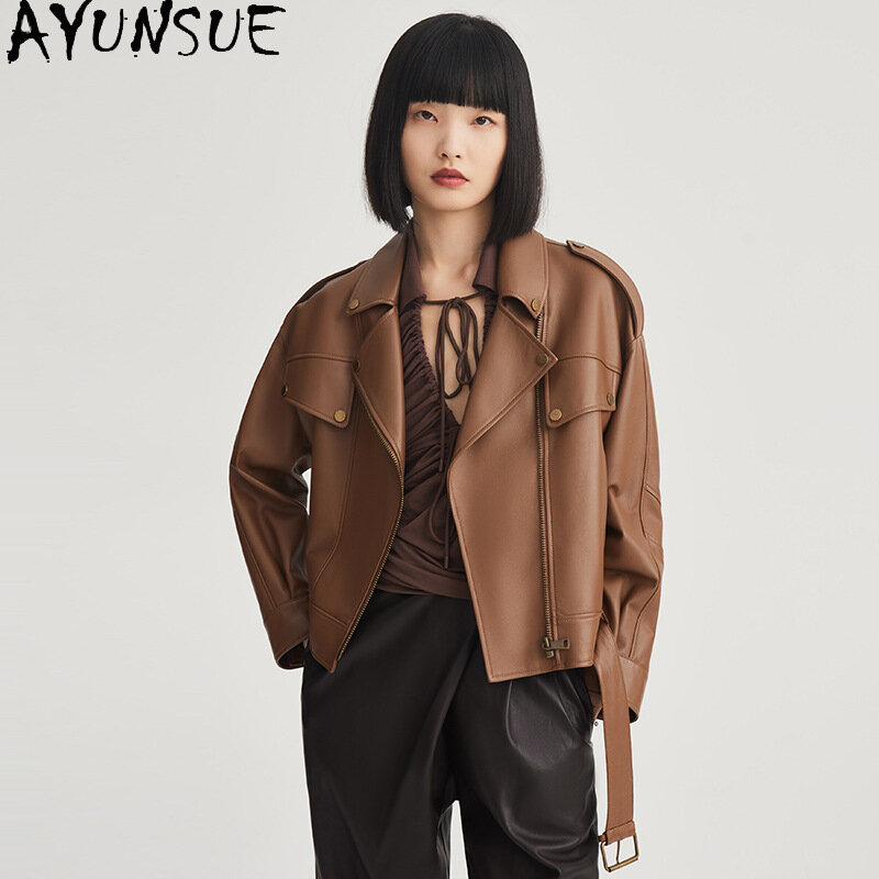 AYUNSUE-Chaqueta de cuero auténtico para mujer, abrigo corto de piel de oveja auténtica, holgado, ropa de calle para motorista, 100%, 2023