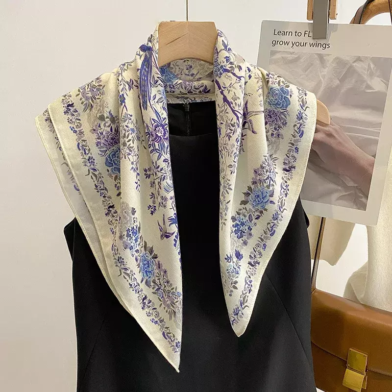 Pañuelo de algodón con estampado Floral para mujer y niña, bufanda cuadrada de 70cm, accesorios para la cabeza, pañuelo para el cuello