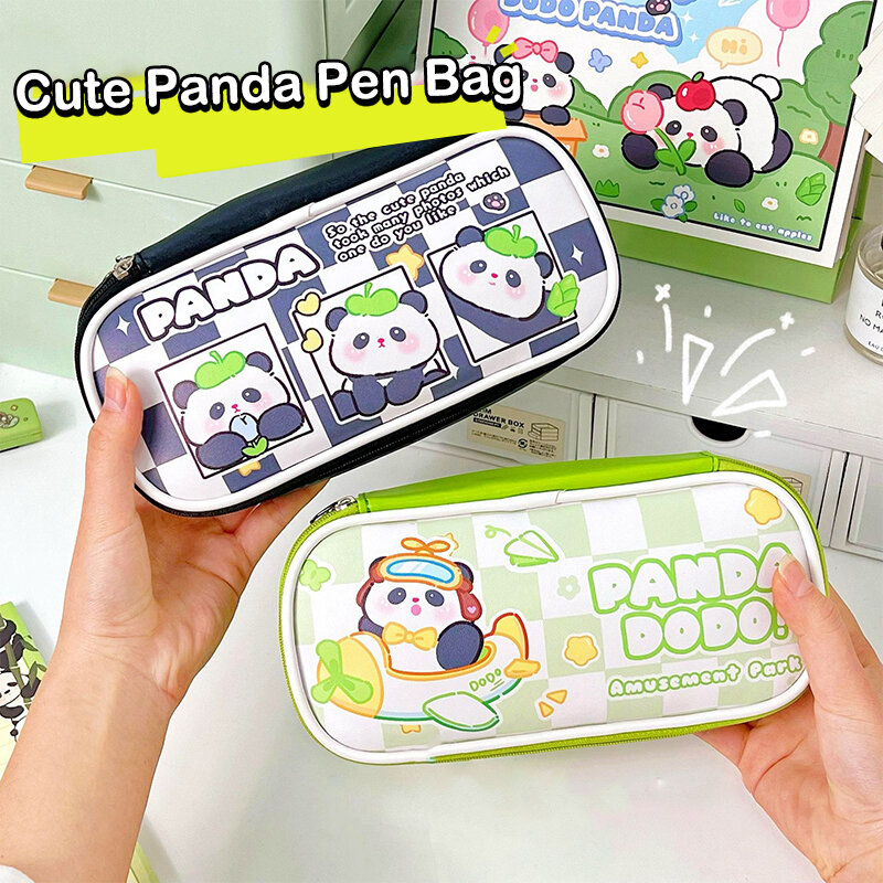 Cartoon Panda Pencil Case, Pen Bag, PU Cosmetic Pouch, Caixa de armazenamento de grande capacidade, Organizador de papelaria, Material escolar