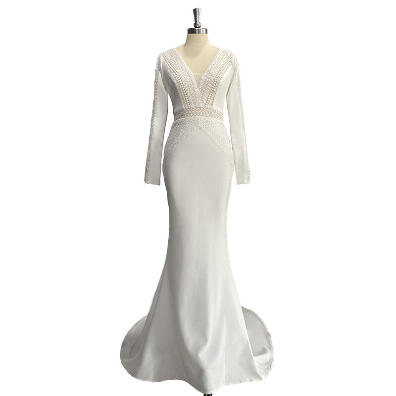 Женское свадебное платье с цветочным кружевом, длинным рукавом и глубоким V-образным вырезом
