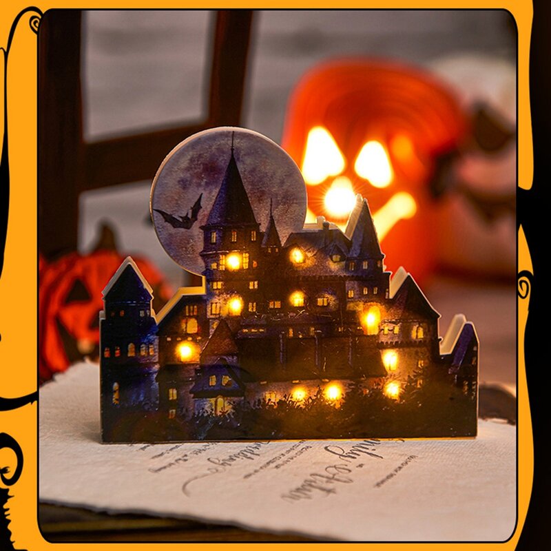 Decoraciones de Castillo iluminadas de PVC, diseño de Castillo luminiscente, decoraciones de escritorio de Halloween, luz de tercer engranaje