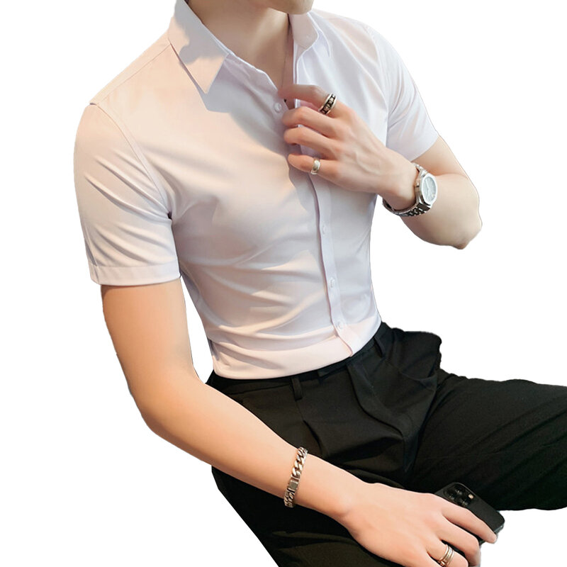 Chemise habillée en polyester à manches courtes pour hommes, chemise régulière, coupe couvertes, chemisier uni, document confortable, mode, 1 pièce