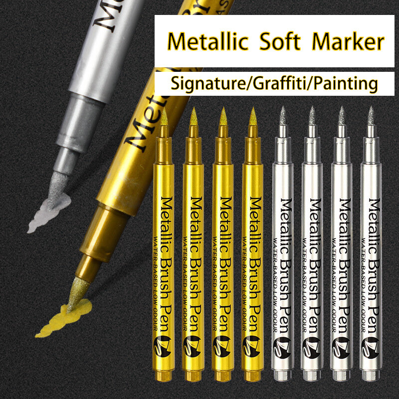 Marcador pincel metálico para caligrafia, tinta acrílica à base de água, ouro e prata, materiais de arte em metal, impermeável, 2 cores