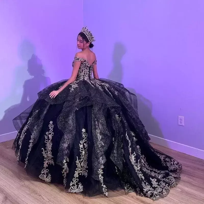 Black Sequin Corset Quinceanera Dresses Ball Gown 2024 Lace Appliqued Long Princess Sweet 16 Dresses Wedding Gown