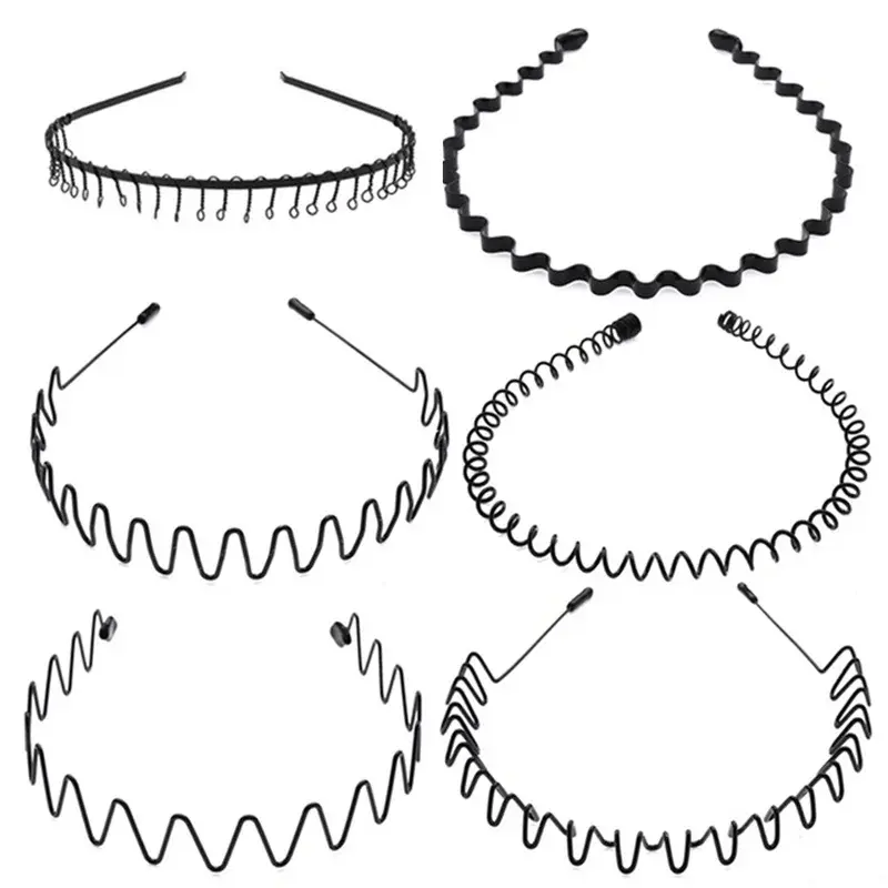 Black Metal Spiral Wave Headband para Homens e Mulheres, Antiderrapante, Flexível Sports Hair Band, Acessórios Unisex, 1 Pc, 8Pcs