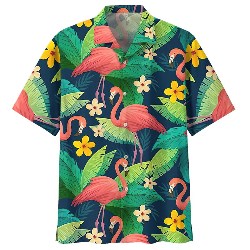 남성용 만화 플라밍고 새 패턴 하와이안 셔츠, 3D 프린트 동물 반팔 스트리트웨어, 단추 블라우스, 오버사이즈 라펠 셔츠