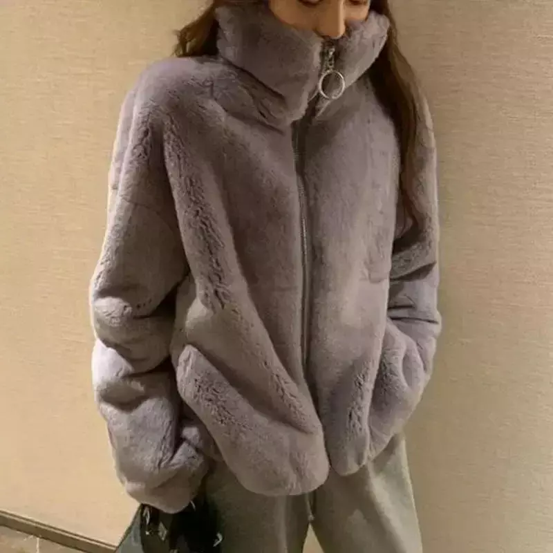 Damska kurtka zimowa moda jednolity kolor płaszcz ze sztucznego futra koreańska wersja luźna prostota stójka damska odzież płaszcz