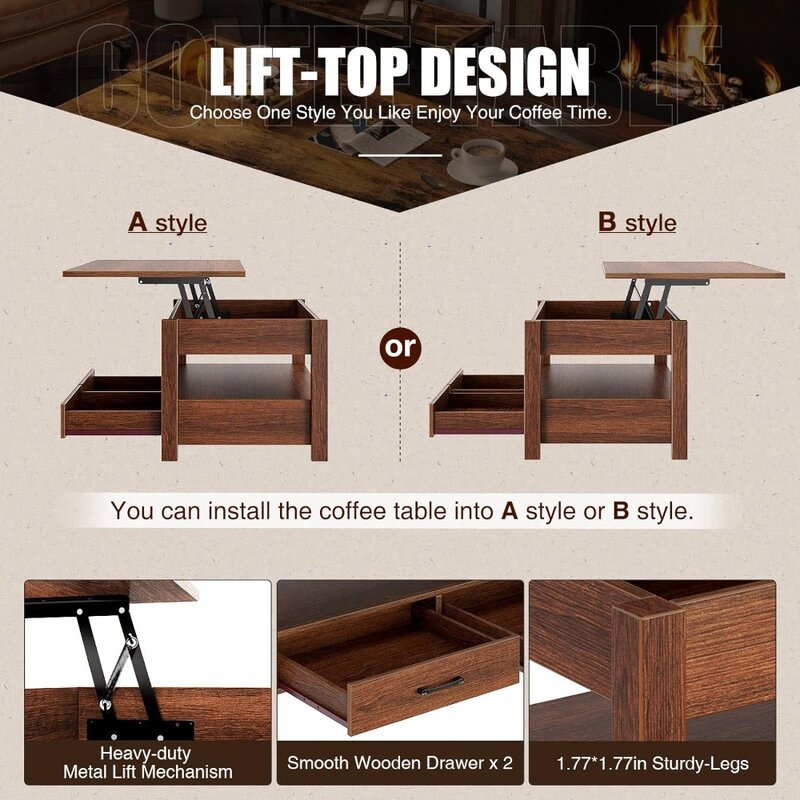 Lift Top Coffee Table With Drawers and Hidden Compartment Retro Central Table With Wooden Lift Tabletop for Living Room Tables