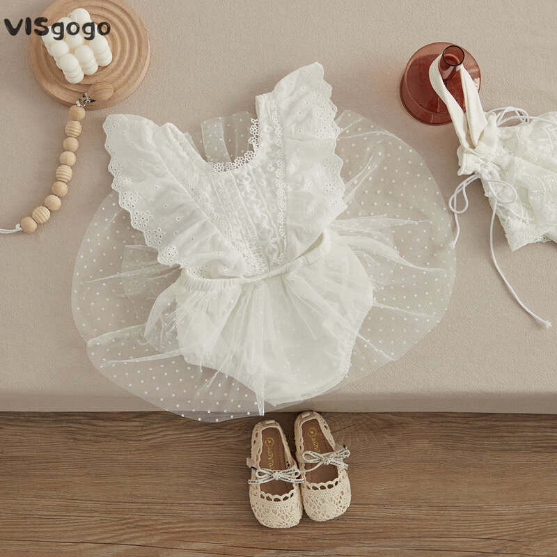 VISgogo – barboteuse princesse pour bébé fille, manches volantées, col rond, maille, dentelle, jupe, combinaisons florales, vêtements d'anniversaire