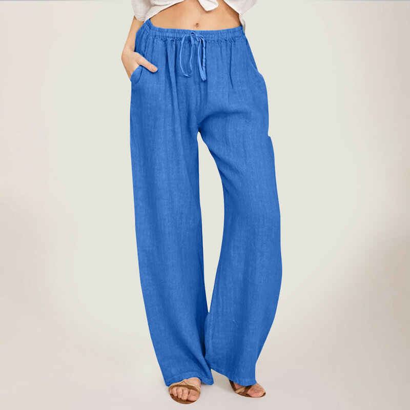 Pantalon à Jambes Larges Taille Haute pour Femme, Vêtement d'Été à la Mode, avec Cordon artificiel astique, Long et Droit, avec Poches