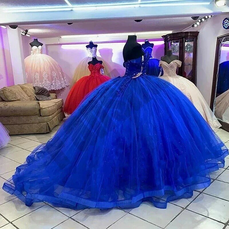 Vestidos De Quinceañera De princesa azul real brillante, apliques De flores 3D De cristal, vestido De baile De cumpleaños, Vestidos De fiesta De 15 años